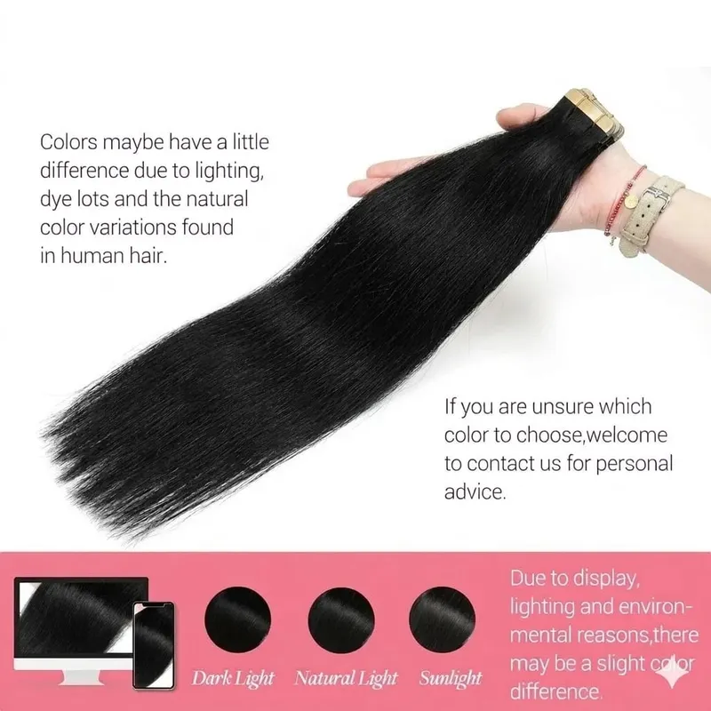 Tape In Real Human Hair Extensions Straight 18 24 Inch 1B Natural Black 50g/pack Color Invisible Seamless Skin PU Weft Tape Ins Extension For Women — image 3