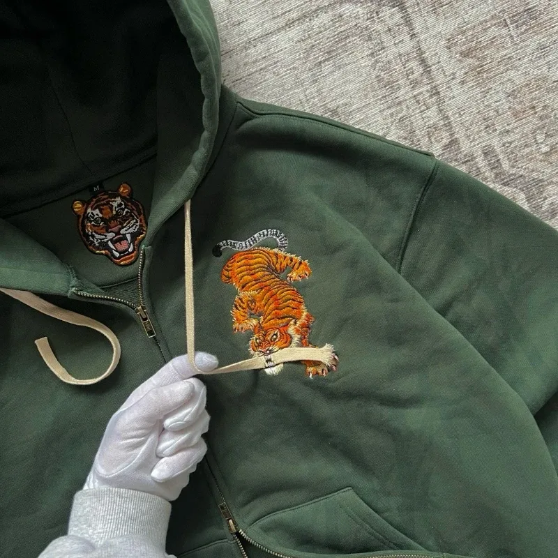 Y2K Tiger Claw Embroidery Vintage Double Zipper Loose Hoodie Sweatshirt untuk Lelaki dan Wanita Harajuku Trendy Kasual Street Style