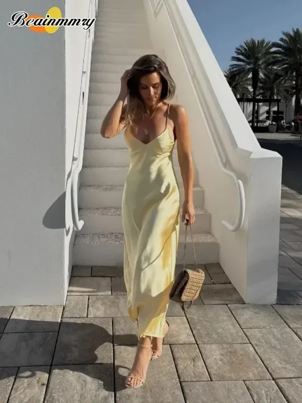 Żółta satynowa dekolt w szpic śpiewać długie sukienki moda damska Backless bez rękawów Maxi szaty moda kobiece suknie wieczorowe do klubu na imprezę — image 5