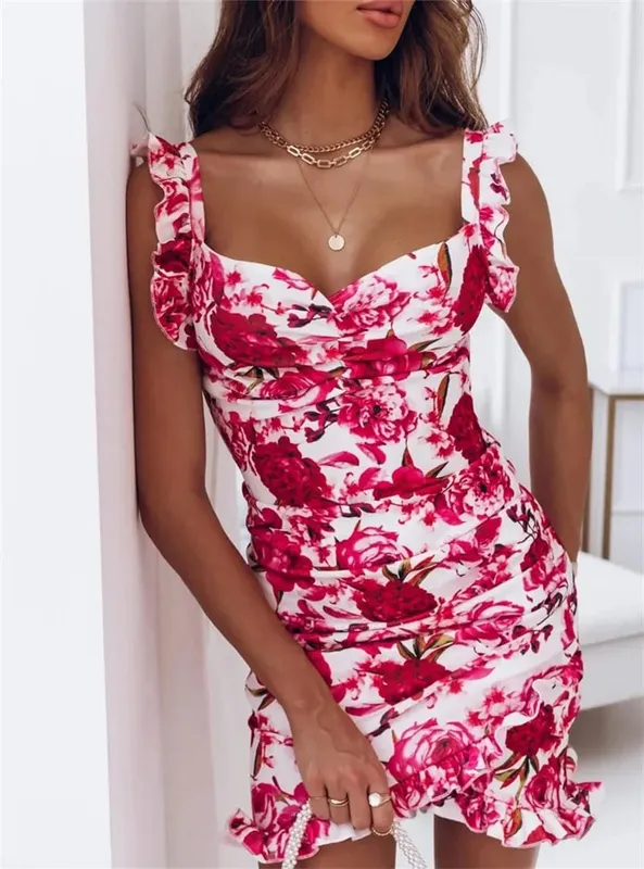 ชุดเดรสเซ็กซี่สำหรับผู้หญิง Date Night - คอวีแขนกุดนัวเนียพิมพ์ลายดอกไม้ Sundress ชุดลำลองบอดี้คอน