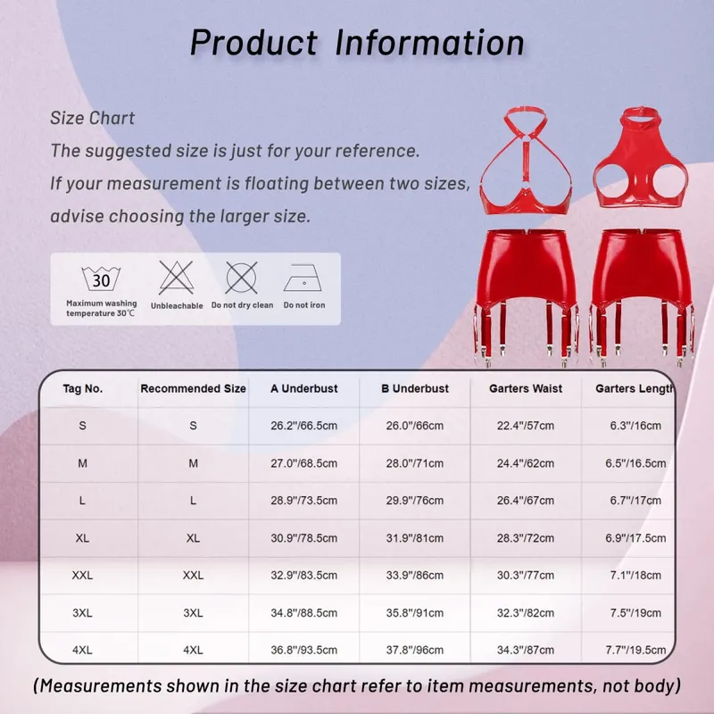 Womens Patent Leather Two-Pieces Porn Lingerie Set Wire-free Open Bust Push-up Bra Top Tank Top with Zipper Garters Mini Skirt