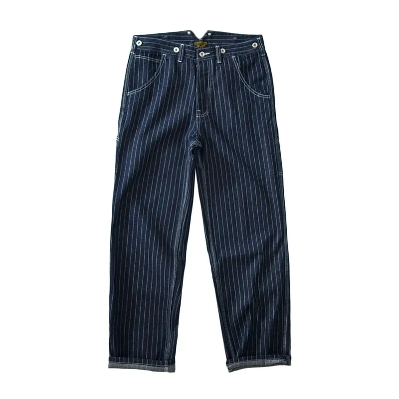 13.5oz Paris Buckle Vintage Vertical Striped Raw Blue Denim Jeans Men Amekaji Wide Leg Loose Straight Bib Suit Pants Handsome