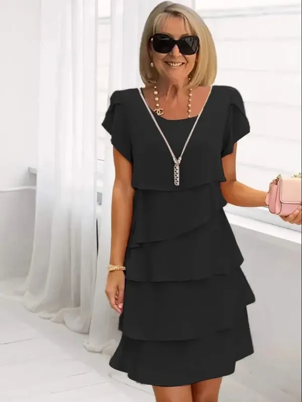 Women's Solid Color Round Neck Short Sleeve Casual Multi-Layered Mini Dress — image 5