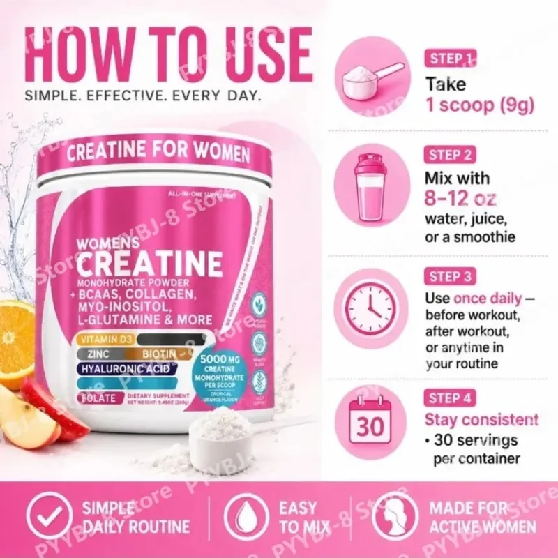 Women's Creatine Monohydrate Powder 5000mg BCAA Multi-Collagen Biotin Vitamin D3 Tropical Orange Sports Nutrition 30 Servings — image 7