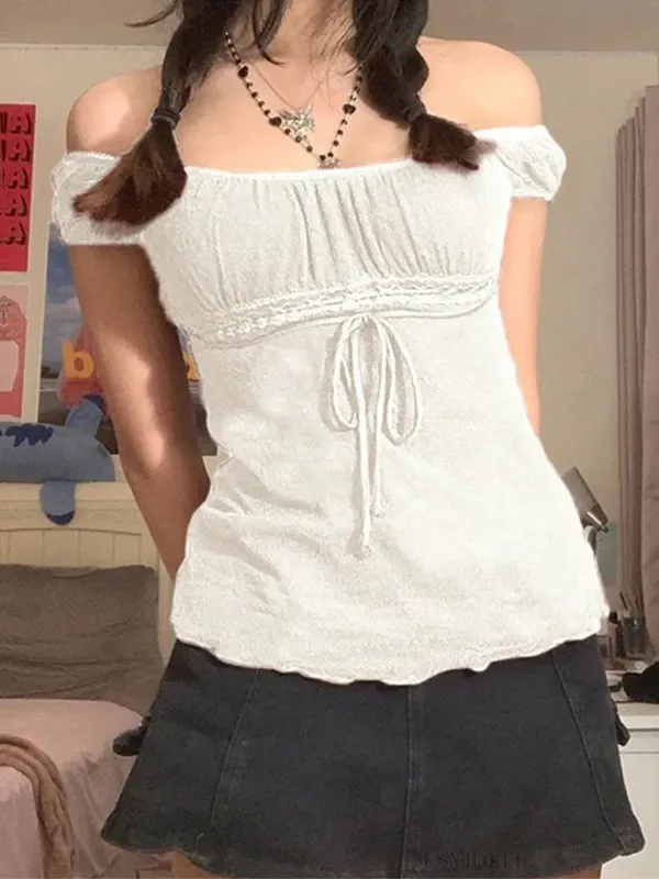 2000s Aesthetic Sweet Lace Tops Women Off Shoulder Drawstring T-shirt Korean Fashion Female Tee Fairy Grunge Streetwear — image 10