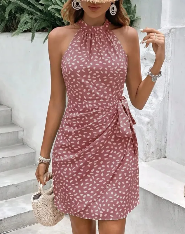 Solid Colored Polka Dot Mini Dresses Women's Camisole Sleeveless Lace Up Dress Summer Vacation Party Dress Robe — image 4