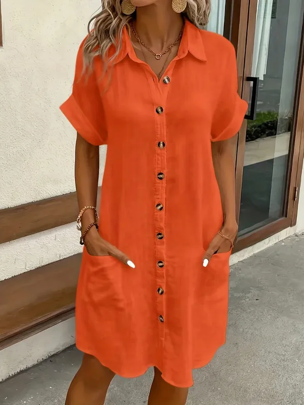 2026 European and American Cross Border Leisure Solid Color Cotton Hemp Buckle Long Short Sleeve Loose Shirt Dress Women's Wear — image 7