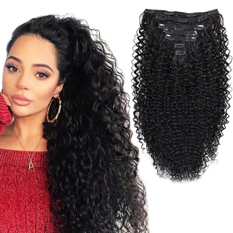 Synthetic Clip In Fitting Extension Full Head Long Kinky Curly Wig Fake False Hair Pieces Clip-on Black Brown Hairpin For Women — image 13