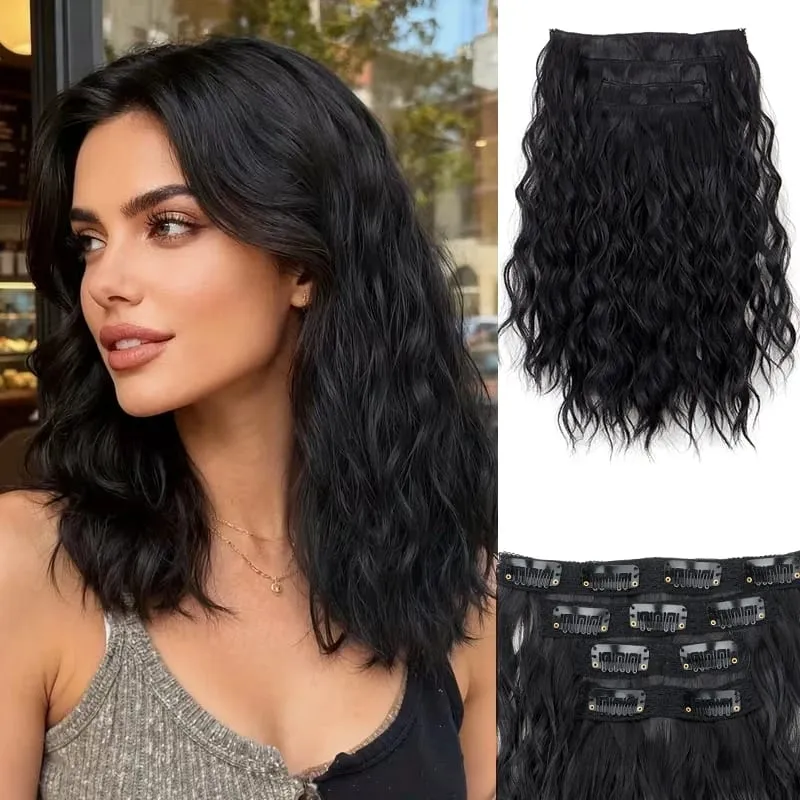 Extensión de cabello rizado ondulado corto sintético de 12 pulgadas, 4 unids/set, Clip en el cabello, fácil de usar para mujeres, uso diario en fiestas — image 2