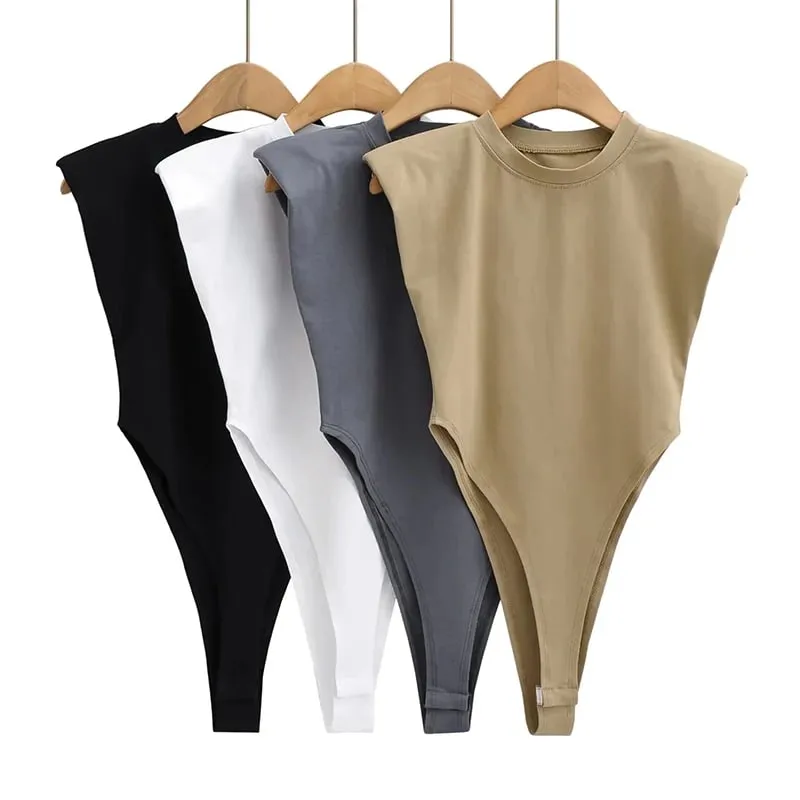 Sexy tops women 2024 Summer one-pieces bodycon bodysuit padded shoulder bodysuit black sleeveless body suits for women white — image 2
