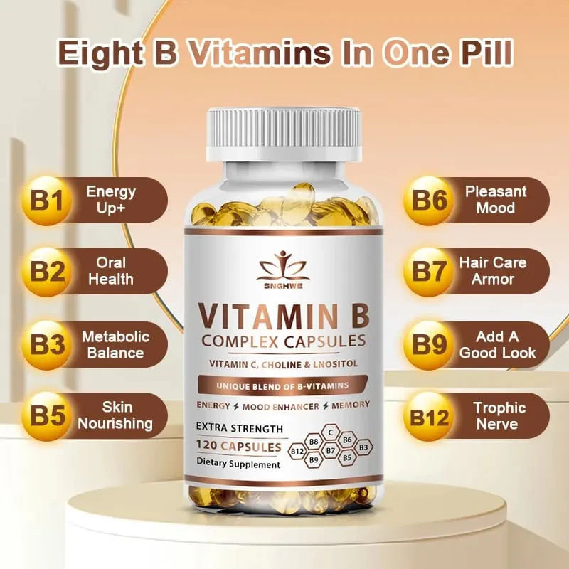 B-Complex Vitamin Supplements (B1 B2 B3 B5 B6 B12 Folic Acid&Biotin) Relieve Stress Improve Immunity System Strong Bones &Teeth — image 3