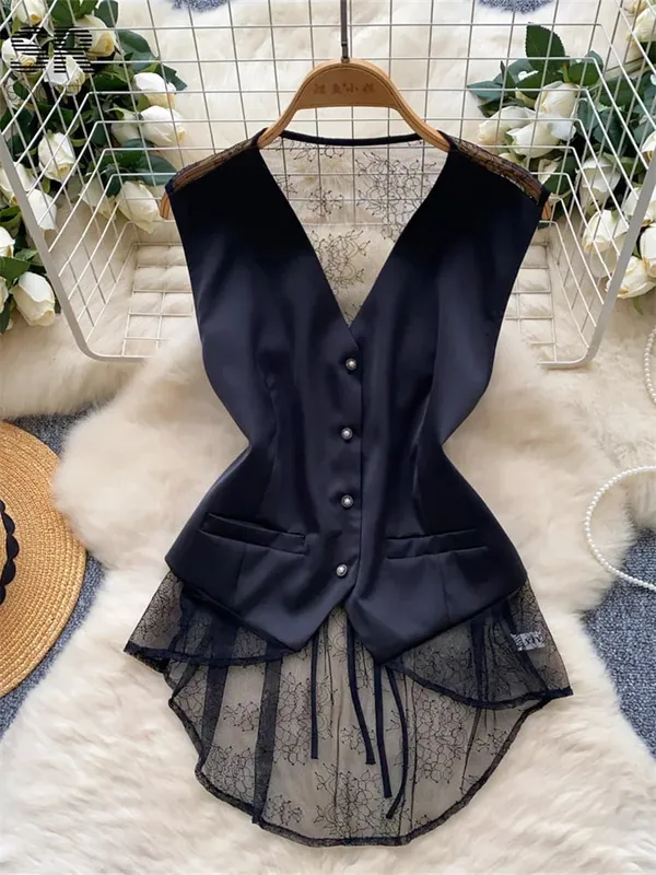 Backless Sexy Tank Vest Sleeveless Single Breasted V Neck Spliced Lace Skinny Sheer Irregular Summer Women Design Tops — image 1