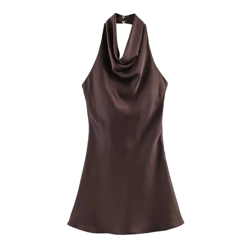 Silk Satin Texture Summer New Arrival Women's Dr Hanging Ne Collar Gown Soft A-Line Skirt High Waist Pure Color — image 8