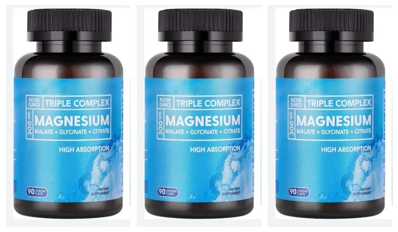 Háromszoros magnézium komplex 300 mg malát-glicinát-citrát nagy felszívódású napi ásványianyag-kiegészítő vegán, nem GMO 90 zöldségsapka