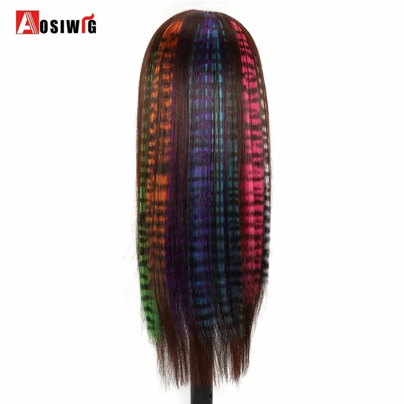 Feather Hair Extensions Purple Red Grey Synthetic Clip In Hair Feather Colorful False Hair Extension Mixed Color Straight Hair — image 5