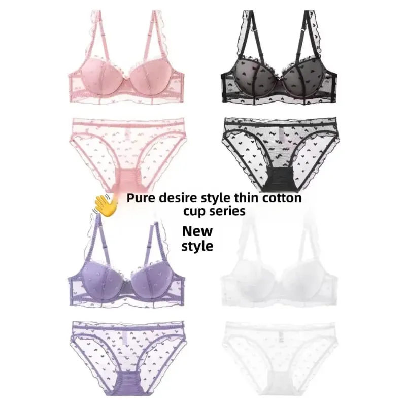 Thin Soft Underwire Anti-sagging Large Breasts Show Small Text Bra Set Fat Mm Large Size D Cup Lace Sexy Underwear Women