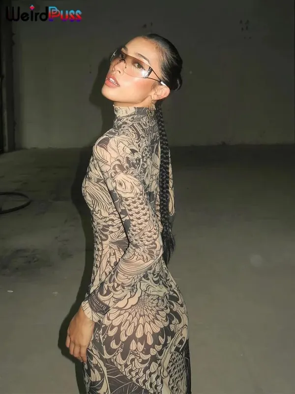 Weird Puss Mesh Print Frauen Maxi Kleid Rollkragen Volle Hülse Bodycon Herbst Trendy Hipster High Street Party Y2K Attirewear — image 6