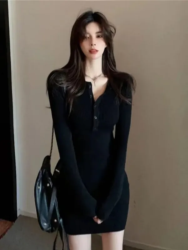 가을 겨울 미니 드레스 여성 브이 넥 버튼 섹시한 스웨터 우아한 Bodycon 드레스 긴 소매 가운 짧은 치마 허리 솔리드 — image 5