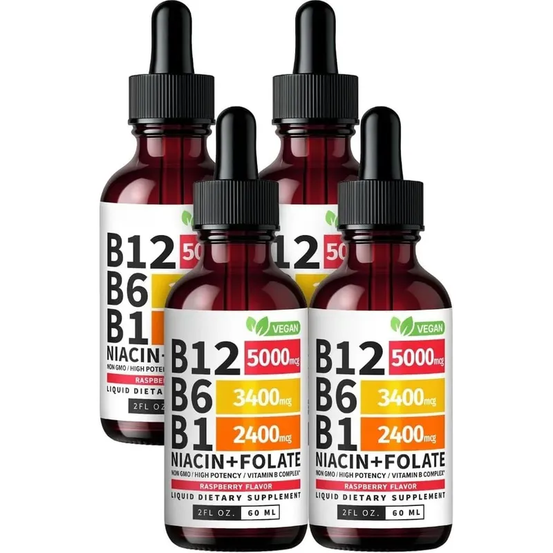 Vitamin B12 B6 tekuté kapky 60 ml B komplex s B1 Niacin Folate Malina Veganský denní wellness doplněk 40 porcí Dospělí — image 8