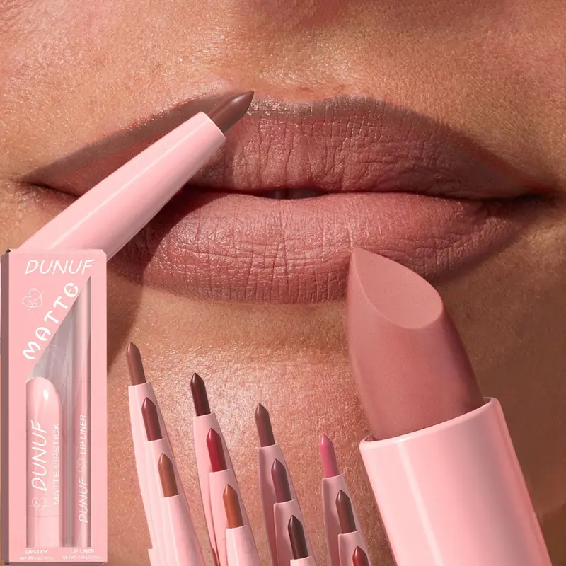 2Pcs/Set Lipstick+Lip Liner Makeup Kit Matte Nude Long-lasting Waterproof Non Staining Tapered Nib Lip Contour Pen Lip Cosmetics