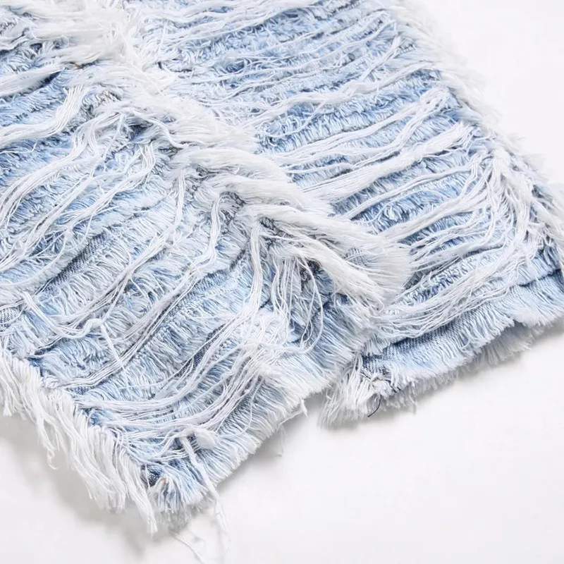 Men's Light Blue Fringe Denim Jeans Ripped Distressed Destroyed Streetwear Pants with Patches Patchwork Loose Fit Trousers — image 4