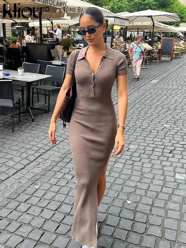 Kliou Elegant Office Lady Maxi Dress Women Solid Fashion Turn-down Collar Short Sleeve Button Side Slit Body-Shaping Street Robe — image 2