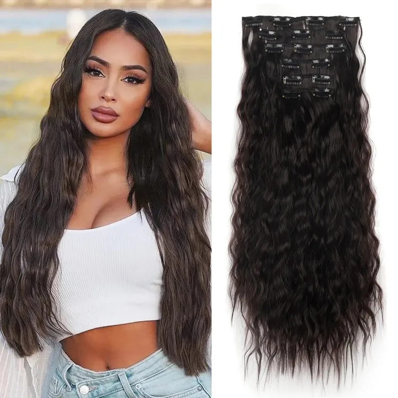 Clip In Hair Extensions 6PCS Set Curly 20inch Long Synthetic Clip On Hairpiece Corn Wavy Style For Women Girls Daily Party — image 10