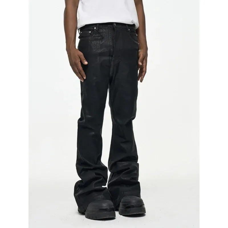 2026 High Street Coated Brushed Micro-flared Floor-length Jeans for Men Retro Street Wear Loose Micro-elastic Waxed Pants