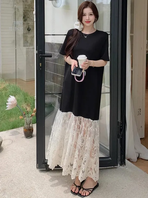 plus Size Women's Lave Patchwork Dress Summer 2026 Loose Long Dresses Robe Elbise Short Sleeve Korean Style Floral Hem — image 5
