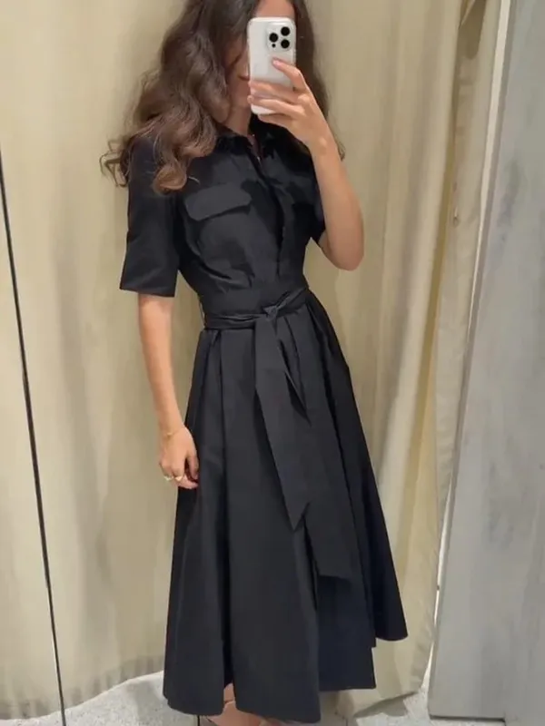 Chic Solid Short Sleeve Lapel Long Dress For Women Elegant Single Breasted Waist Maxi Dress Lady Holiday Evening Party Vestidos — image 4