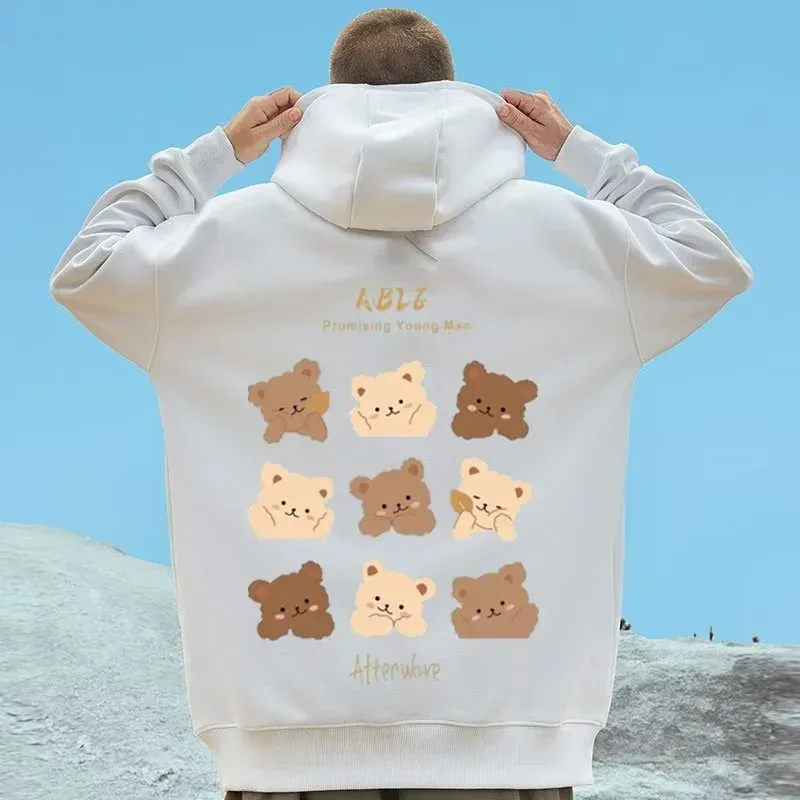 M-8XL American Style Street Brown Cute Bear Print Oversized Hoodie Couple Hoodie Student's Large Soft Velvet Hooded Sweater — image 5