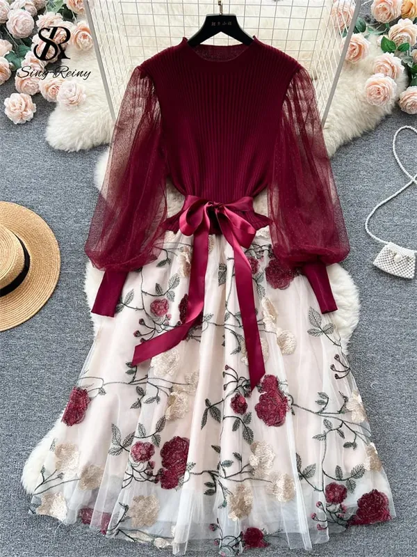 Senior Knitted Patchwork Dress Long Lantern Sleeves Bow Mesh Embroidery Floral Women Autumn France Elegant Party Dress