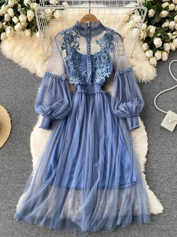 Ladies Dress Three-dimensional Flower Hook Mesh Temperament Stand Collar Lantern Sleeve High Waist Slim Female Dresses — image 4