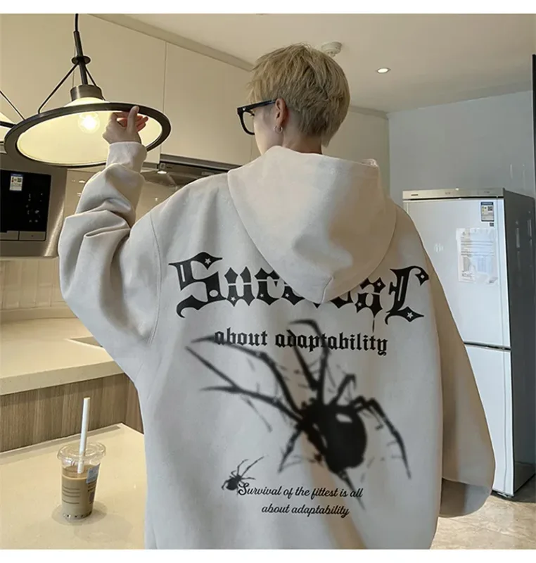 Autumn Gothic Spider Printed Hooded Sweatshirts Hombre Harajuku Streetwear Graphic Suede Hoodies Aesthetic Oversized Y2K Hoody