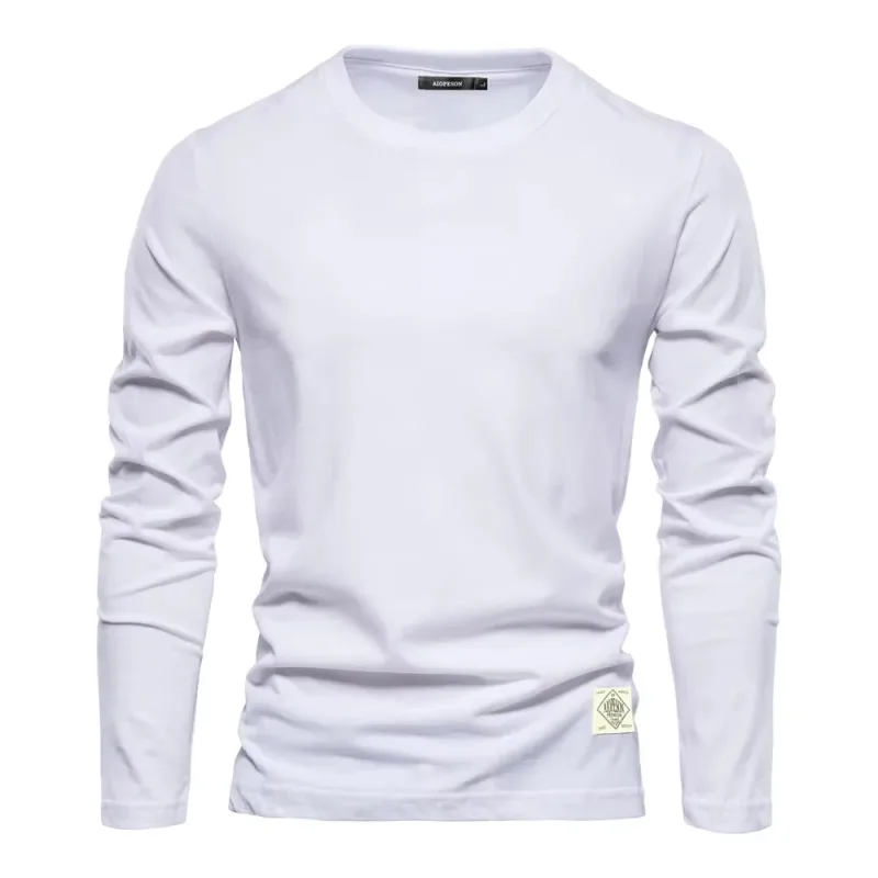 2026New สีทึบผ้าฝ้ายเสื้อคอกลมแขนสั้นผู้ชายลำลองแขนยาวเสื้อสวมหัวหลวมด้านบน — image 2