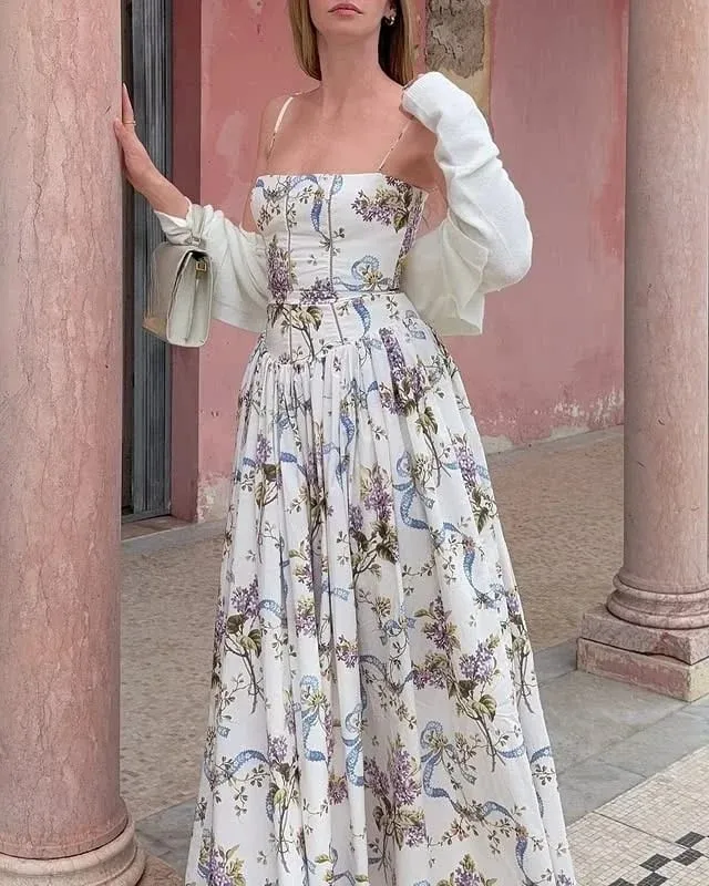 Oligai Floral Print Midi Sundress Elegant Spaghetti Strap Flowy Dress Aussie Summer Women Boho Chic Beach Dress — image 9