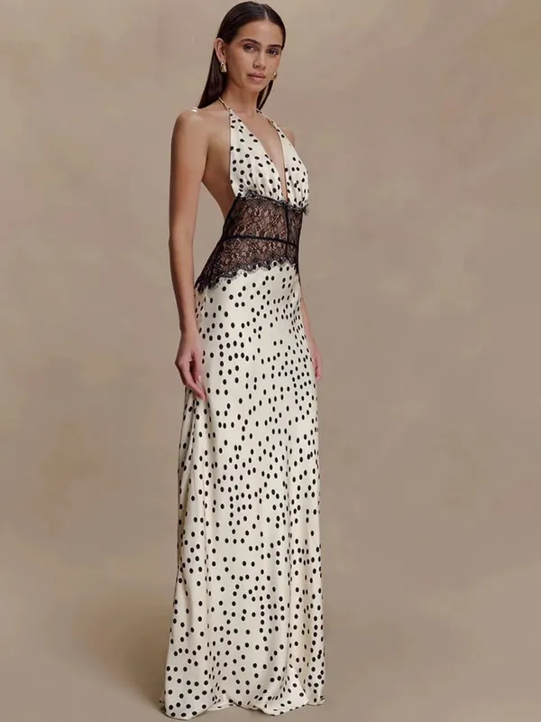 MO Patchwork Lace Print Polka Dot Halter Women Maxi Dress Sexy Backless Evening Dress Winter Skinny Elegant Party Dress — image 2