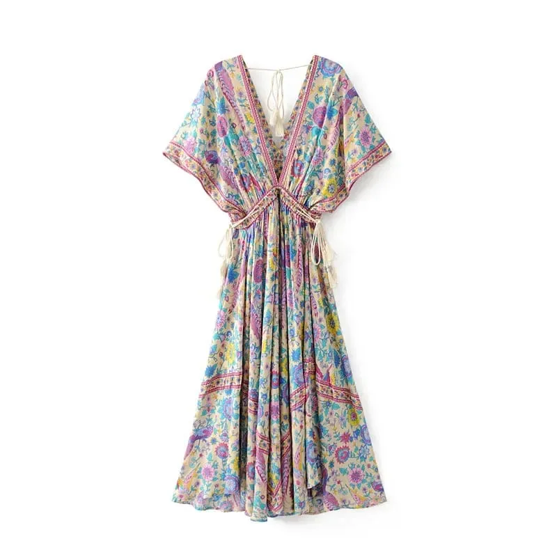 Boho Queens Women Peacock Květinový potisk Netopýří rukáv Plážové Bohémské Maxi šaty Dámské Letní šaty s výstřihem do V Letní šaty Vestidos — image 3