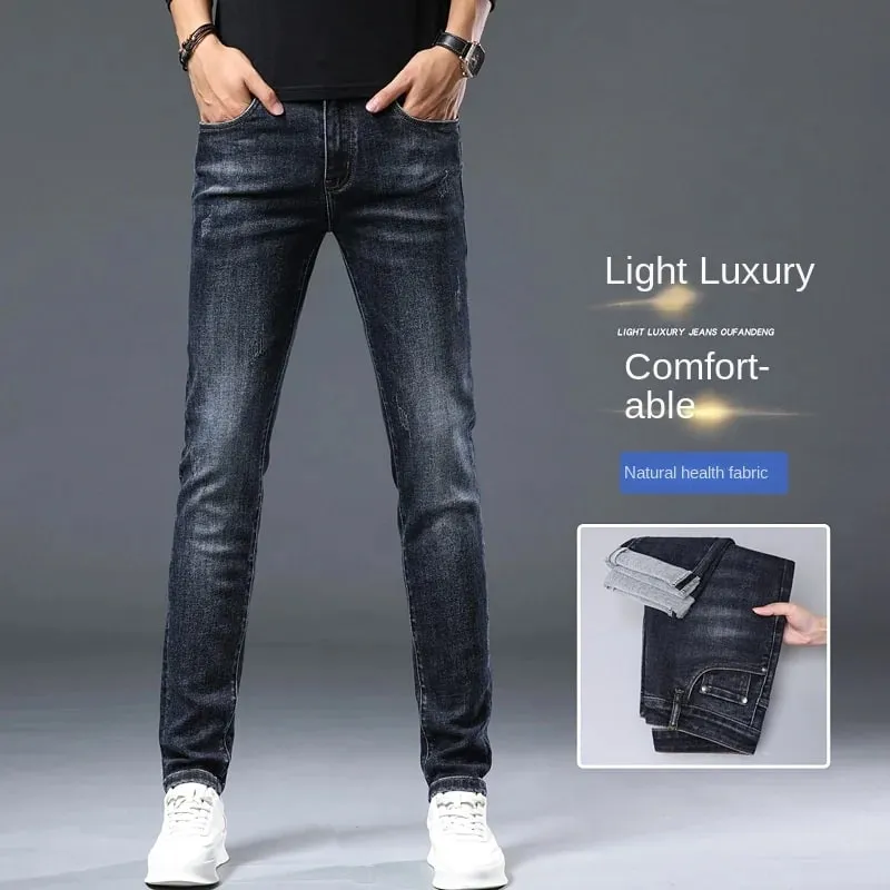 Autumn and Winter Thick Jeans for Men 2024 New Embroidered Fashion Elastic Slim Fit High-End Men's Clothing Denim Trousers