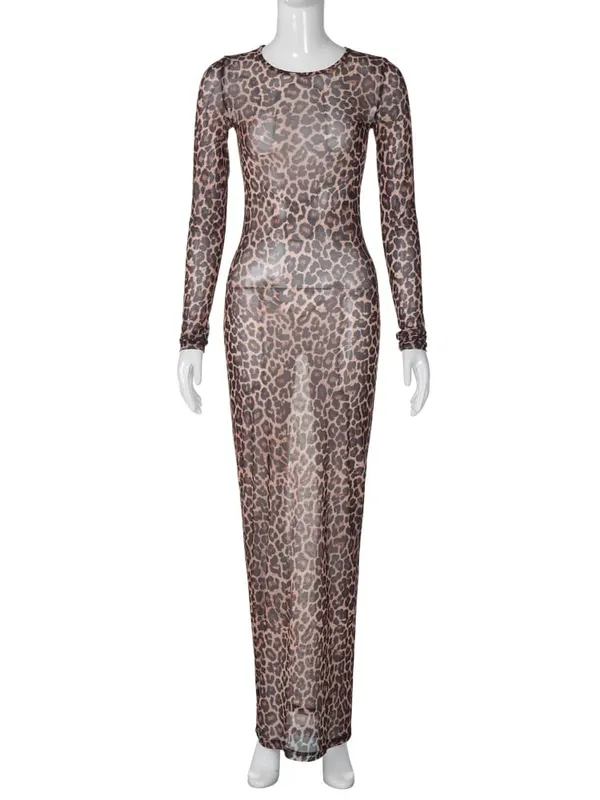 Hugcitar Leopard Print Mesh Long Sleeve Sexy Slim See Through Maxi Dress Fall Women Fashion Outfits Beach Vacation Club — image 6