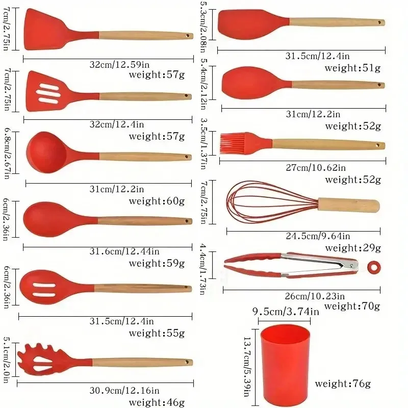 12pcs Set of Multi-color Silicone Wooden Handle Kitchenware Set Non Stick Pot Spatula and Spoon Cooking Utensils Heat-resistant — image 5
