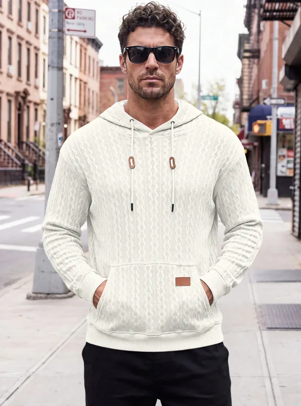 Men Thin Cable Knit Hooded Sweatshirt Drawstring Hood Kangaroo Pocket Long Sleeve Loose Casual Pullover Autumn Daily Street Tops — image 20