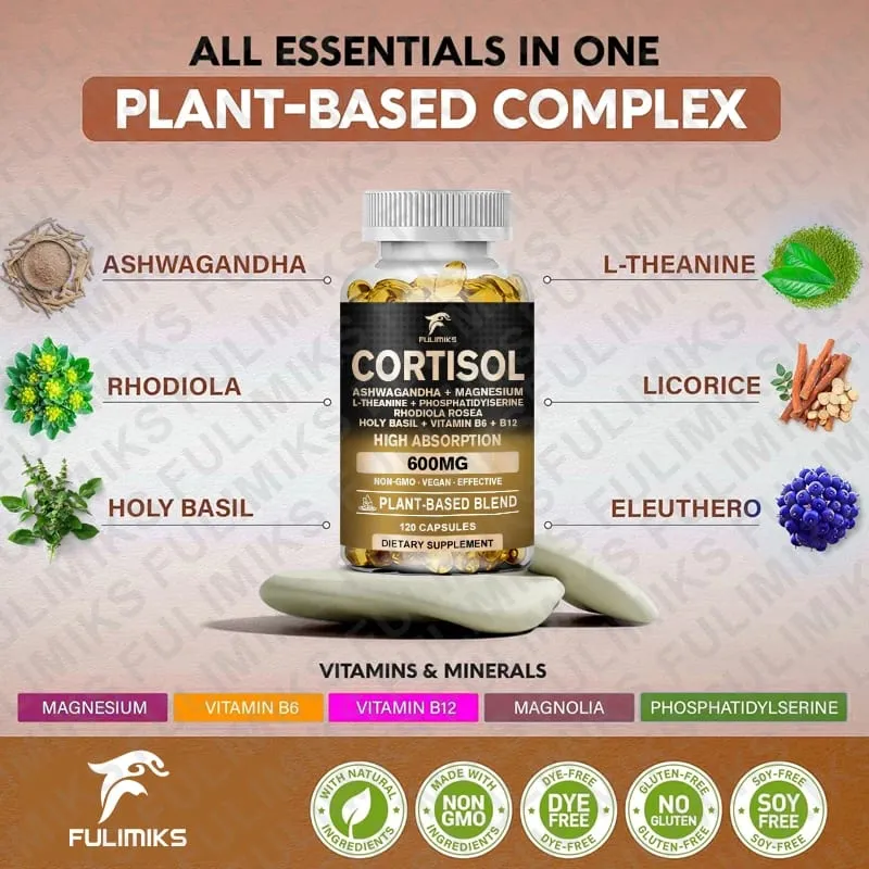 Suplemen Cortisol Holy Basil | Ashwagandha | Rhodiola | Keseimbangan Hormon Berasaskan Tumbuhan L-Theanine - Fokus Mood & Sokongan Tidur — image 5