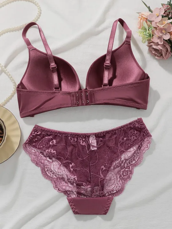 Set Bra Renda Warna Solid Bra Push Up Tanpa Kawat Wanita Nirkabel dan Celana Dalam Set 2 Potong Pakaian Dalam Nyaman Sehari-hari — image 2