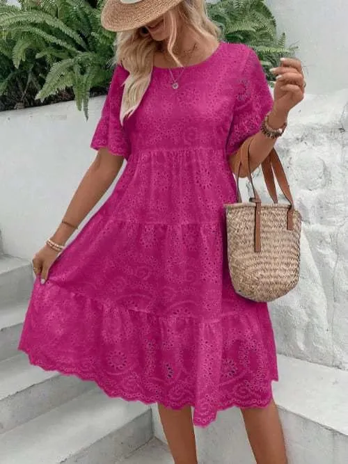 Dámské bílé šaty s očkem výšivka Midi šaty vyhloubené Boho splývavé volánkové šaty s krátkým rukávem letní plážové šaty
