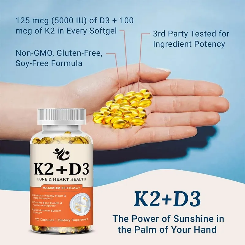 Vitamin D3 + K2-kapsler understøtter calciumabsorption Knogler og led Wellness Hjerte-kar-funktion og immunsystemets sundhed — image 4