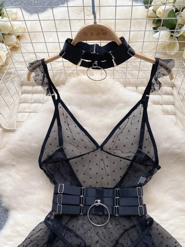 ssTss Ins trendy Girl Sexy Mesh Bottom Strap V-neck one-piece Top bodysuit women's Slimming Waist Ruffle Hemp Vest Jumpsuit — image 3