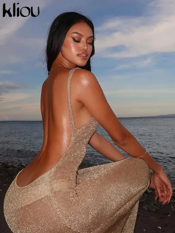 kliou Shiny Long Dress Stunning Women Solid Summer Thin Mesh Sheer Backless Sleeveless Bodycon Female Elegant Fashion Vestidos — image 6
