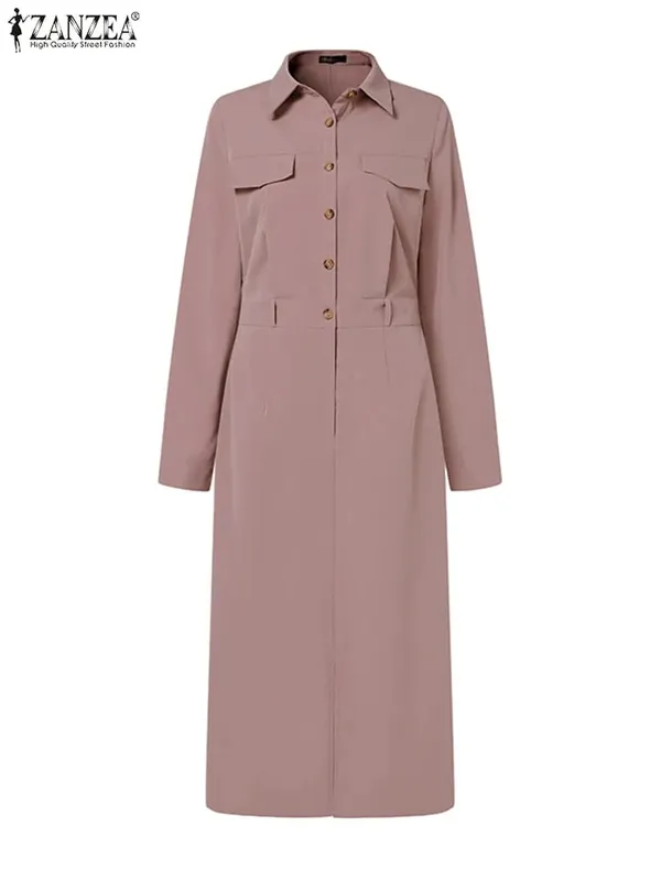 Elegant Women Dresses 2025 Autumn Long Sleeve Vestidos Solid Casual Waisted No Belted Robe Office Lady Midi Spilt Robe — image 4