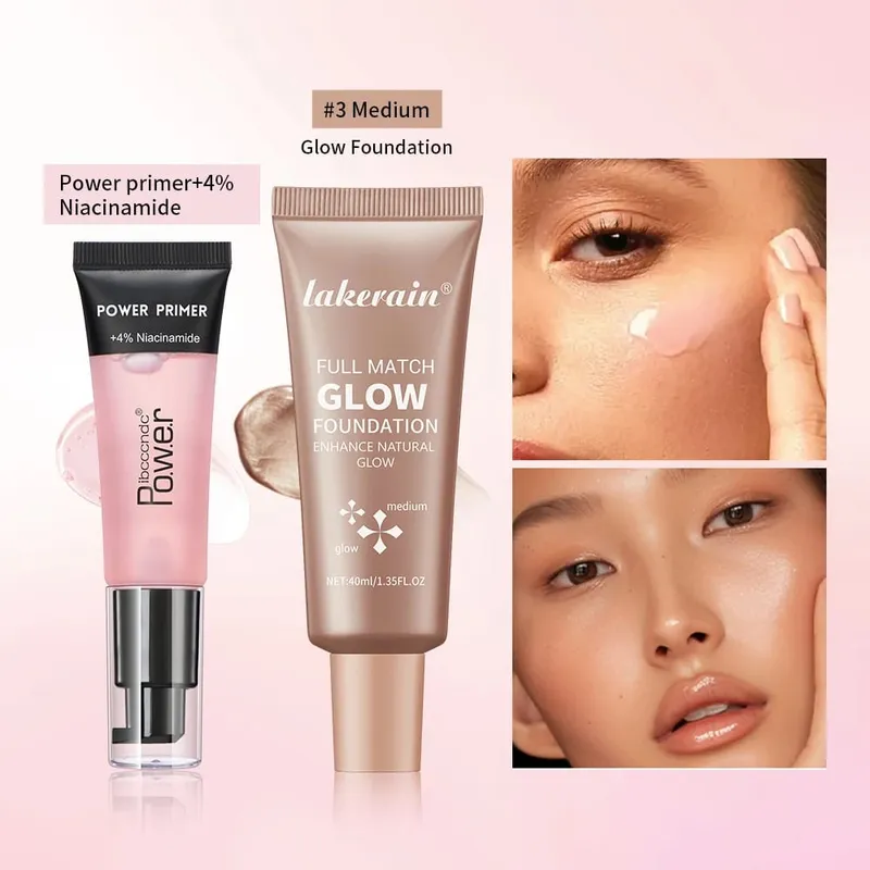 Powder Grip Primer Gel & Glow Foundation Makeup Kit Hydrating Smoothing Skin Lightweight Brighthen Shiny Fase Cosmetics Combo — image 3